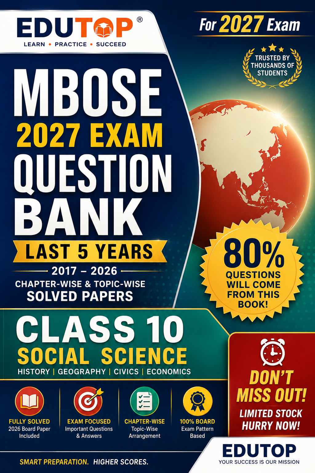 EDUTOP MBOSE Class 10 Social Science Question Bank 2027 | Last 5 Years Solved Papers | Chapter-wise & Topic-wise |    Latest Syllabus