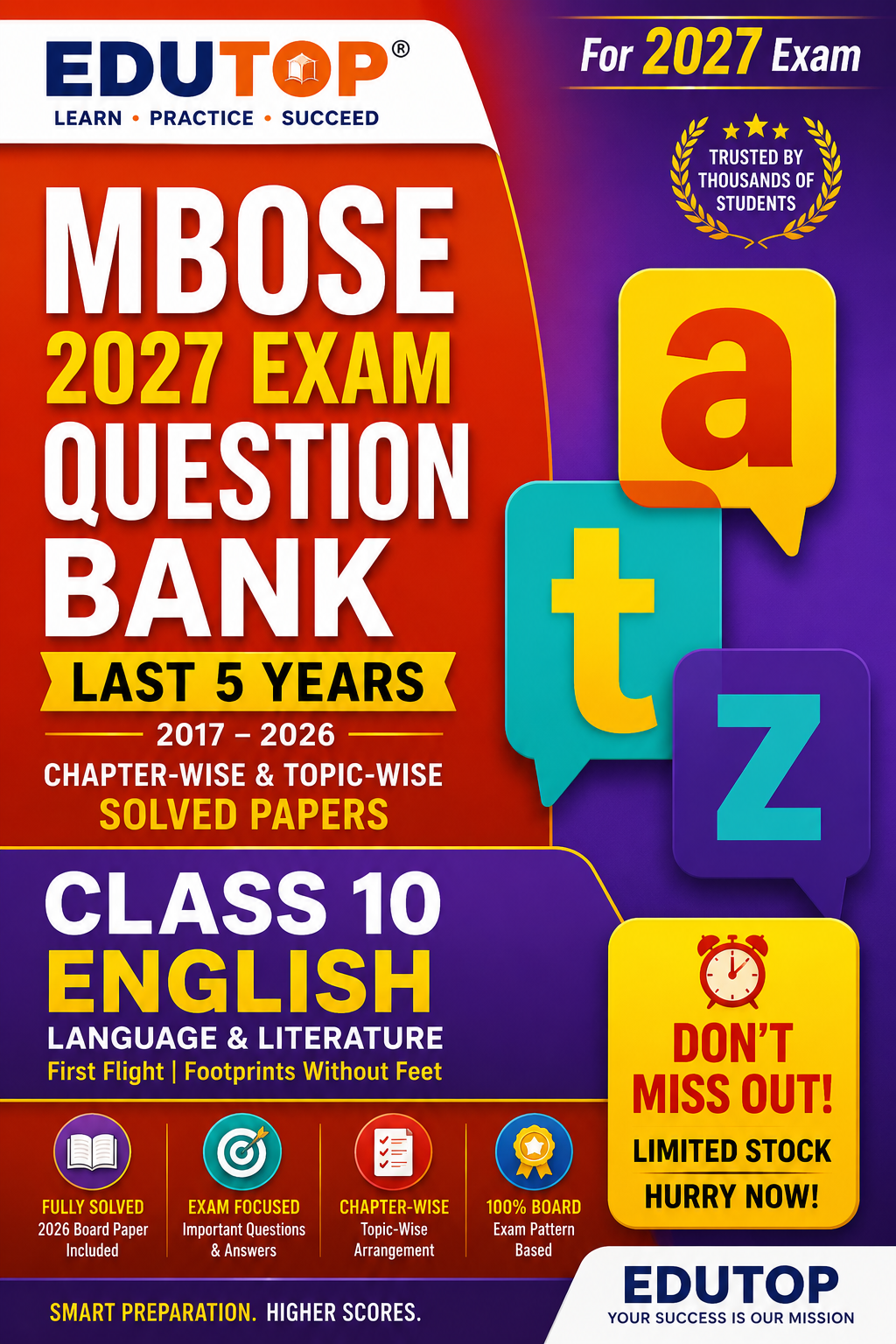 EDUTOP MBOSE Class 10 English Question Bank 2027 | Language & Literature | First Flight & Footprints Without Feet