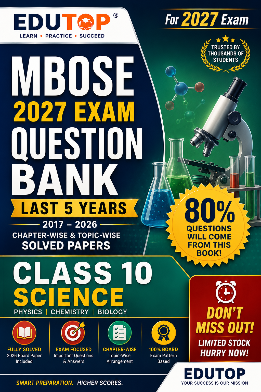 EDUTOP MBOSE Class 10 Science Question Bank 2027 | Physics, Chemistry & Biology | Last 5 Years Solved Papers