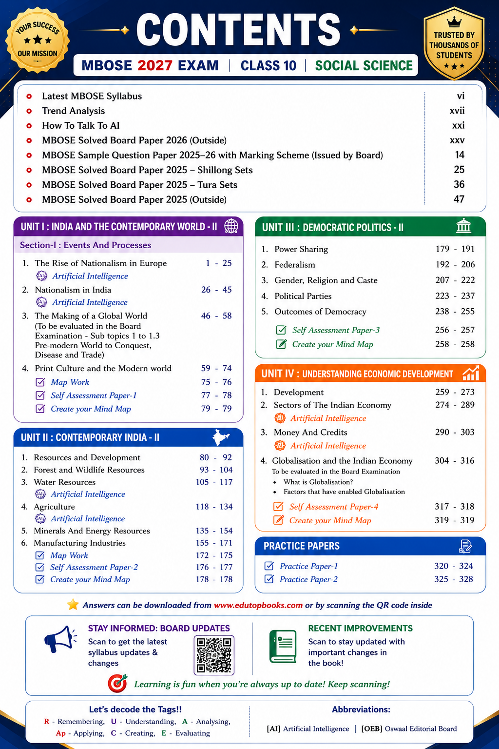 EDUTOP MBOSE Class 10 Social Science Question Bank 2027 | Last 5 Years Solved Papers | Chapter-wise & Topic-wise |    Latest Syllabus